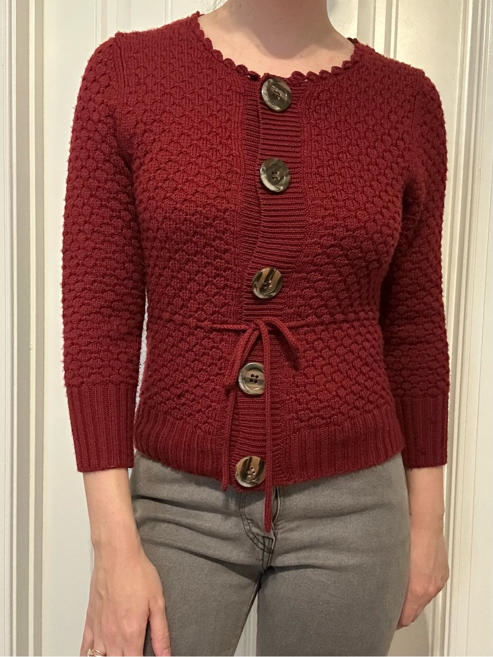 Vintage Y2K Cardigan Sweater Red Knit Wool Button Up Tie Boho Casual Size Small